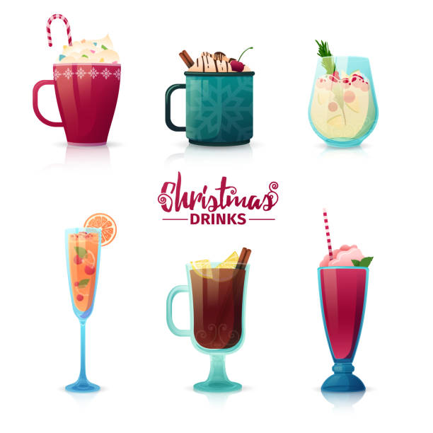 Set of design of Christmas drinks in cartoon style. Mulled wine, hot chocolate, milkshake for the New Year holiday. Design of cocktails for menu decoration. Vector.  eggnog stock illustrations