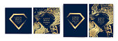 Set of design templates with golden texture, marble effect. Luxury and elegance. Gold and navy blue. Suitable for wedding invitations, VIP events, covers, promotions. Cards, flyers, banners, coupons. Vector