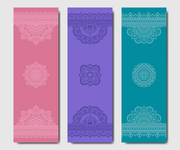 Set of design yoga mats. Floral and mandala pattern in oriental style for decoration sport equipment. Colorful ethnic Indian ornaments for spiritual serenity. Decor of business card, poster, print. Set of design yoga mats. Floral and mandala pattern in oriental style for decoration sport equipment. Colorful ethnic Indian ornaments for spiritual serenity. Decor of business card, poster, print. yoga designs stock illustrations