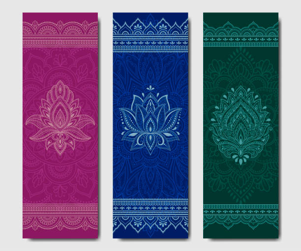 Set of design yoga mats. Floral and mandala pattern in oriental style for decoration sport equipment. Colorful ethnic Indian ornaments for spiritual serenity. Decor of business card, poster, print. Set of design yoga mats. Floral and mandala pattern in oriental style for decoration sport equipment. Colorful ethnic Indian ornaments for spiritual serenity. Decor of business card, poster, print. yoga backgrounds stock illustrations