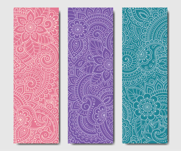 Set of design yoga mats. Floral pattern in oriental style for decoration sport equipment. Colorful ethnic Indian ornaments for spiritual serenity. Decor of business card, poster, print in henna tattoo Set of design yoga mats. Floral pattern in oriental style for decoration sport equipment. Colorful ethnic Indian ornaments for spiritual serenity. Decor of business card, poster, print in henna tattoo yoga designs stock illustrations