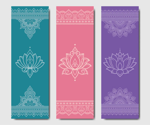Set of design yoga mats. Lotus floral and mandala pattern in oriental style for decoration sport equipment. Colorful ethnic Indian ornaments for spiritual serenity. Decor of card, poster, print. Set of design yoga mats. Lotus floral and mandala pattern in oriental style for decoration sport equipment. Colorful ethnic Indian ornaments for spiritual serenity. Decor of card, poster, print. yoga backgrounds stock illustrations