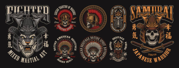 Set of designs with skulls in different headgear Set of vector illustrations with skulls warriors such us; spartan, samurai viking and others. Perfect for shirt prints, logos and many other. skull logo stock illustrations