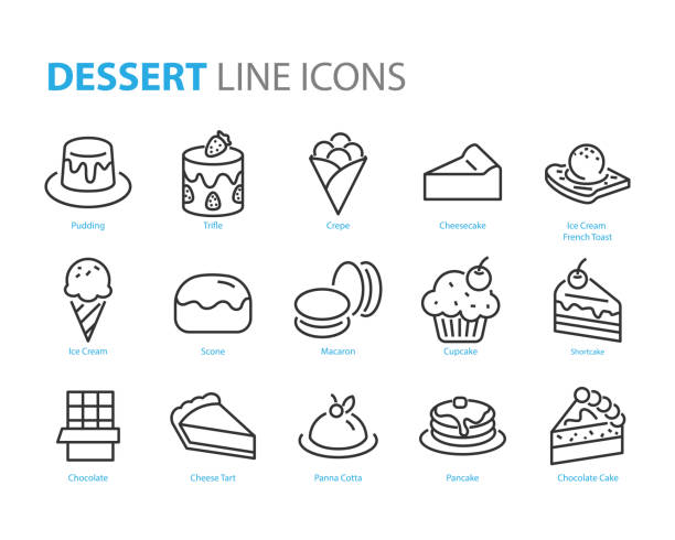 illustrations, cliparts, dessins animés et icônes de ensemble d’icônes de dessert, tels que crêpe, sucré, gâteau, crème glacée, scone, choco - verrines