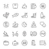 Set of Dieting, Health Nutrition and Healthy Lifestyle Related Line Icons. Editable Stroke. Simple Outline Icons.