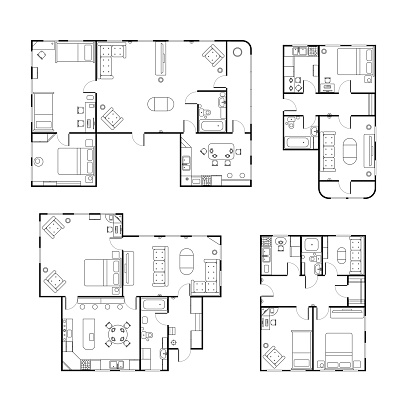 Set of different black and white house floor plans with interior details isolated on white
