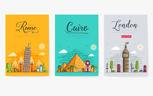 Set of different cities for travel destinations. landmarks banner template of flyer, magazines, posters, book cover, banners. Layout workplace technology flat illustrations modern pages