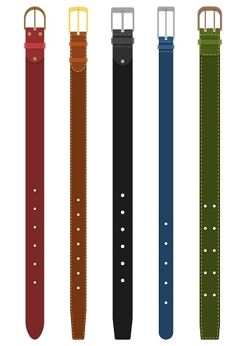 Set of different colored belts with buckles isolated on white background. Element of clothing design. Belt trouser in flat style