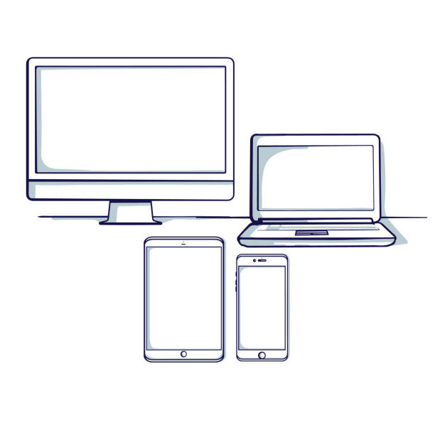 Set of different computer and mobile device: desktop, tablet, laptop, mobile phone. Isolated object. Hand drawn doodle cartoon vector illustration. laptop drawings stock illustrations