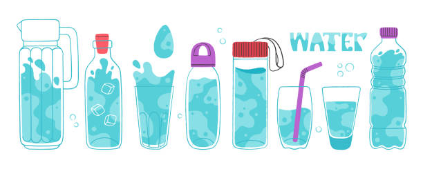 Set of different containers with aqua. Jug, bottles, glasses and inscription WATER vector art illustration