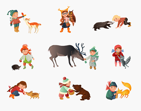 Set of different cute children in autumn clothes with animals