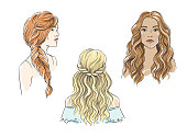 Set of different female hairstyles with long hair  vector illustration