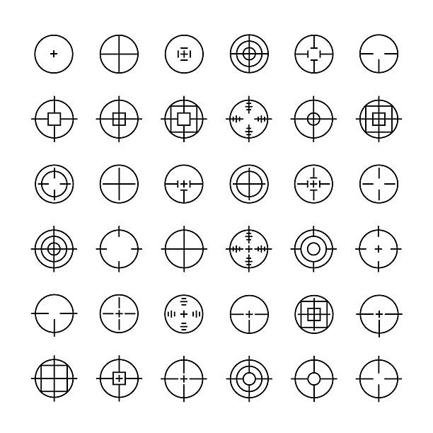 Set of different flat vector crosshair sign icons. Line symbols. Set of different flat vector crosshair sign icons. Line simple symbols. Target aim symbol. Circles and rounded squares buttons. human eye stock illustrations