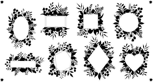set of different floral twigs branches flowers silhouettes frames arrangement, isolated vector illustration set of different floral twigs branches flowers silhouettes frames arrangement, isolated vector illustration wedding silhouettes stock illustrations