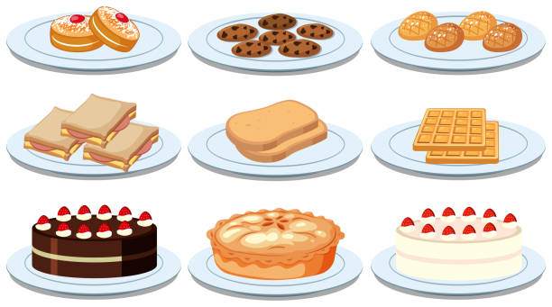 ilustrações de stock, clip art, desenhos animados e ícones de set of different foods - bolo de bolacha
