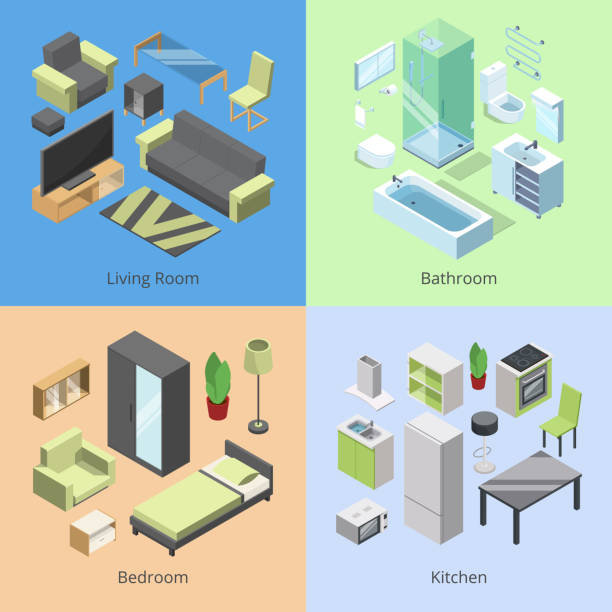 Set of different furniture elements for rooms in modern home. Vector isometric illustrations of kitchen, bedroom, living room, and bathroom Set of different furniture elements for rooms in modern home. Vector isometric illustrations of kitchen, bedroom, living room, and bathroom. Living room interior isometric in home bed furniture borders stock illustrations