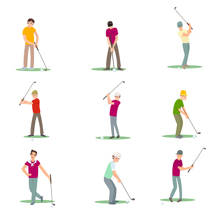 Set of different golf players isolate on white background