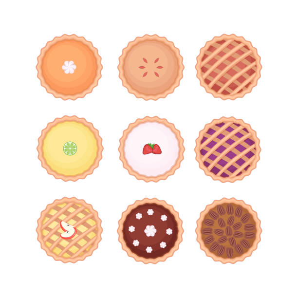 Set of different homemade pies. Pumpkin, apple, fruit, chocolate and pecan pies. Set of different homemade pies. Pumpkin, apple, fruit, chocolate and pecan pies. Flat style elevated view. Vector illustration isolated on white background. sweet pie stock illustrations