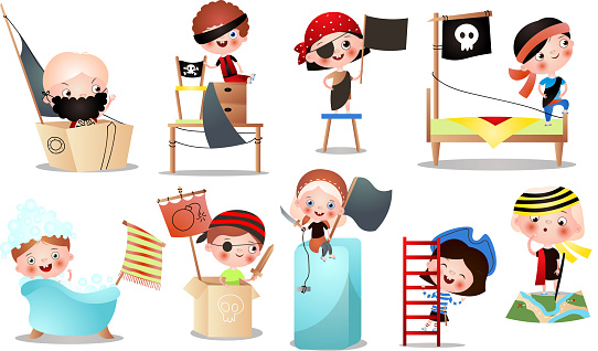Set of different kid characters that play in pirate game