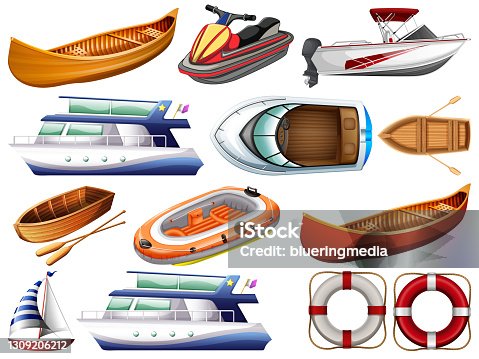 istock Set of different kind of boats and ship isolated on white background 1309206212