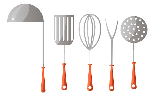 Set of different kitchen tools, kitchenware, and kitchen appliances. Vector illustration in a flat cartoon style.