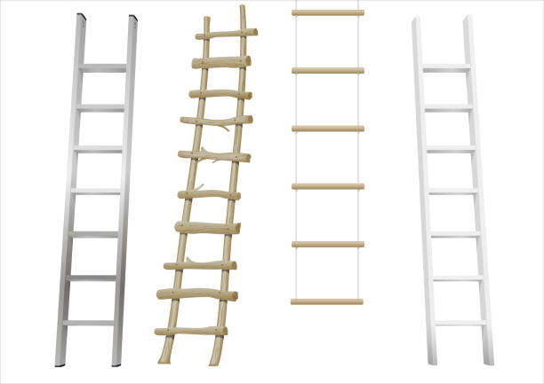 Set of different ladders A set of different ladders made of wood or metal. Rope-ladder. Vector graphics with transparency effect metal clipart stock illustrations