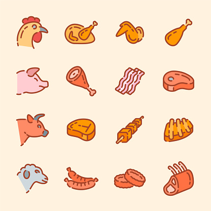 Set of different meat products color outline icons. Vector illustration. vector