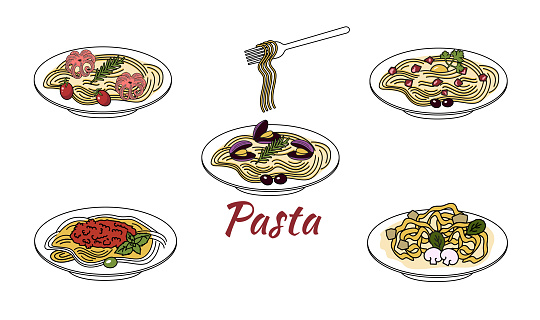 A set of different pastes with sauce, Italian dishes. Doodle style. Vector graphics.