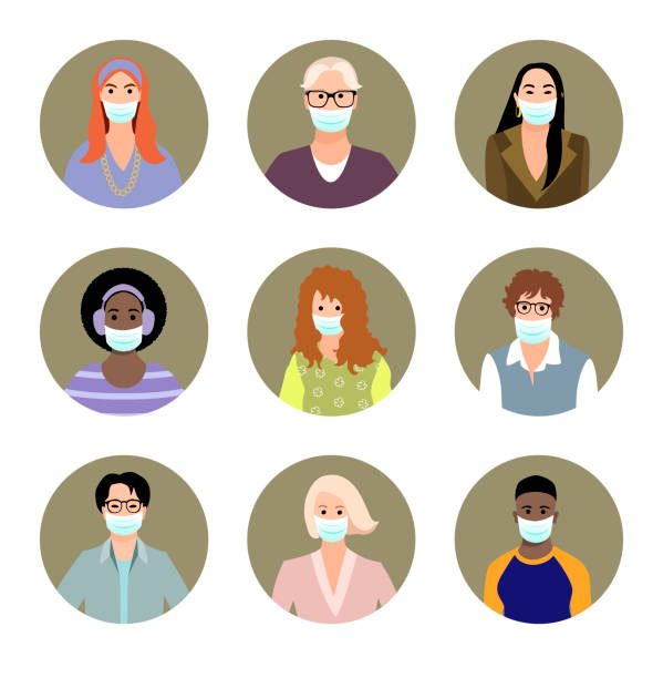 의료 마스크 아바타에서 다른 사람들의 집합입니다. 남성과 여성 캐릭터가 직면합니다. 남성 및 여성 아이콘 컬렉션입니다. 예방 covid-19. 의학 개념. 벡터 일러스트레이션 - covid variant stock illustrations