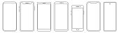 Set of different phone thin line templates. Vector mockup collection. Smartphone frames