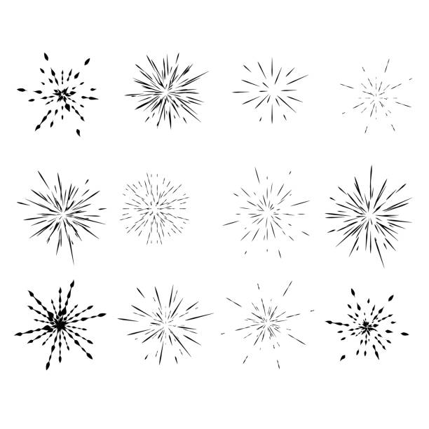 set of different radial explosions, rays, set of different radial explosions, rays, minimalism sparks stock illustrations
