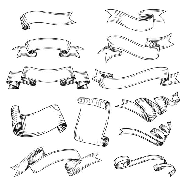 Set of different ribbons Hand drawn set of different ribbons. Design elements for greeting cards, banners, invitations. Sketch, vector illustration. ribbon sewing item illustrations stock illustrations