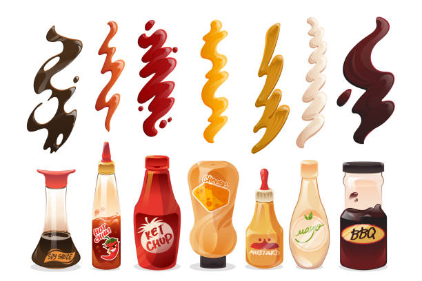Set of different sauces in bottles and strokes Set of different sauces in bottles and strokes top view. Mayonnaise, ketchup, mustard and soy sauce with cheese hot chili or bbq products in tubes isolated on white background, Cartoon vector icons ketchup smear stock illustrations