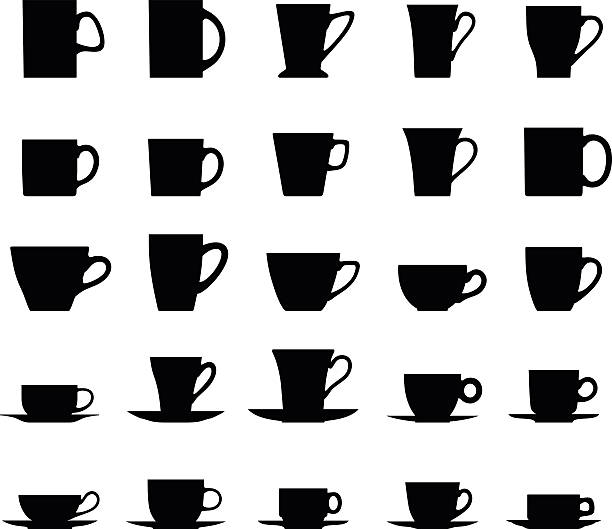Set of different silhouettes tea cups isolated on white background. Vector collection silhouette illustration of tea cups on a white background. tea cup stock illustrations