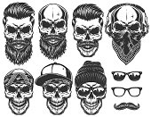 istock Set of different skull characters with different modern street style city attributes. 653066092