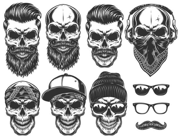 Set of different skull characters with different modern street style city attributes. Set of different skull charactres with different modern street style city attributes. Monochrome style. Isolated on white background beard stock illustrations