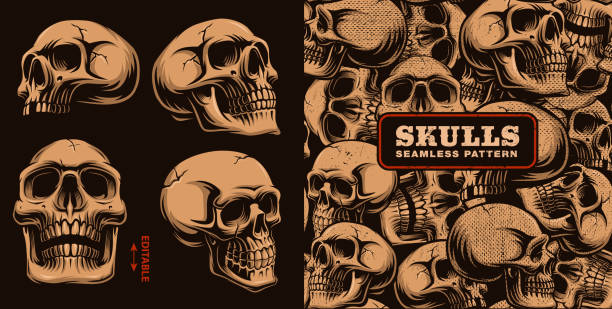 Set of different skulls with seamless pattern. Set of different skulls with seamless pattern on dark background. skulls tattoos stock illustrations