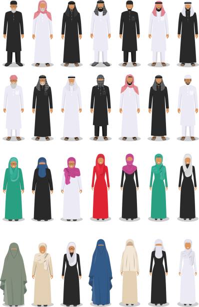 ilustrações de stock, clip art, desenhos animados e ícones de set of different standing arab adult and old people in the traditional muslim arabic clothing isolated on white background in flat style. vector illustration - grandparents vertical