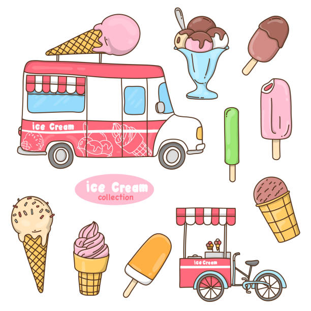ilustraciones, imágenes clip art, dibujos animados e iconos de stock de conjunto de diferentes tipos de helados. estilo doodle. - ice cream truck