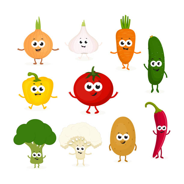 set of different vegetables a set of different vegetables with funny smiles and grimaces, useful foods, dietary foods, vegetables for each day broccoli rabe stock illustrations