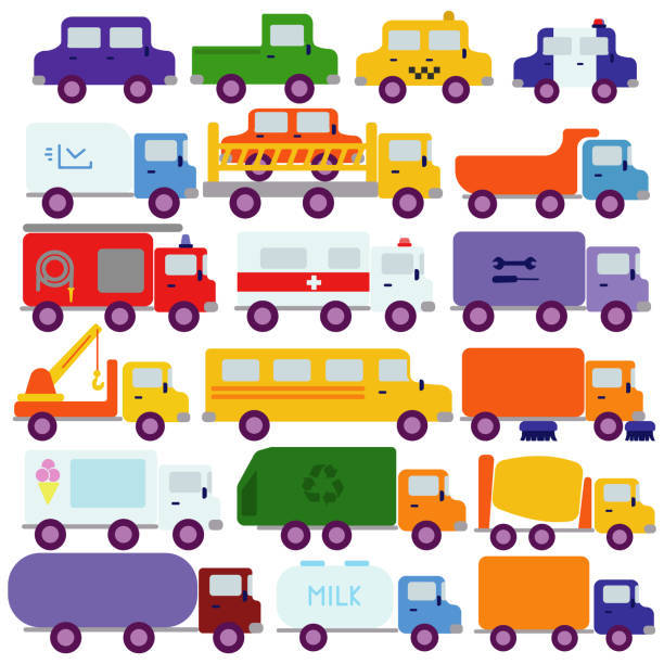 Set of different vehicles in a flat style, kids cars and machines assistants Set of different vehicles in a flat style, kids cars and machines assistants vector illustration tow truck police stock illustrations
