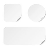 Set of different paper adhesive stickers with realistic textures isolated on white background. Blank templates for any purpose. Vector illustration.
