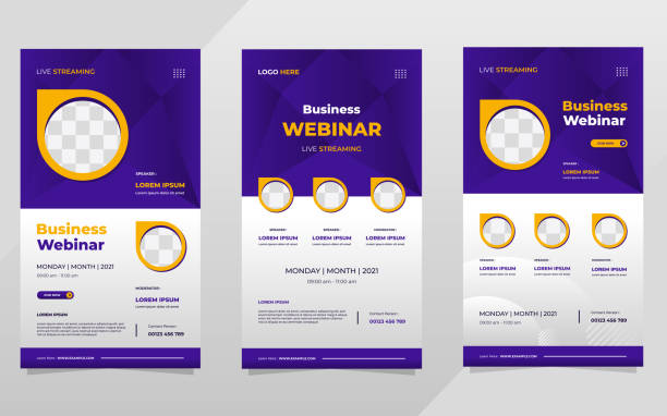 Set of digital marketing webinar social media stories post templates on purple background and circle frame vector art illustration