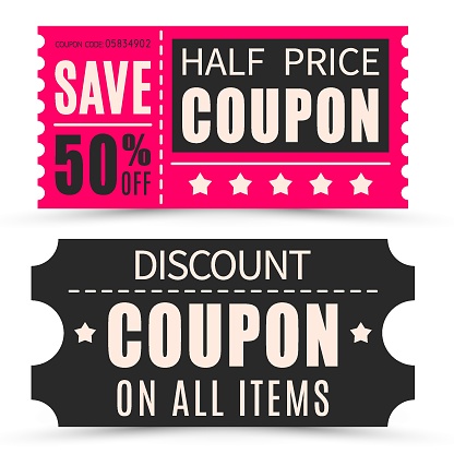 Set of discount coupons in different shapes. Gift voucher with coupon code.  Sale and discount or gift concept.  Vector illustration.