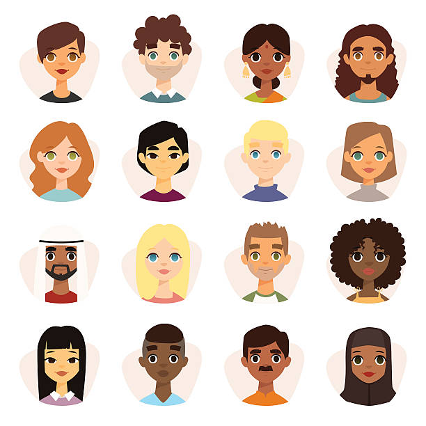 Set of diverse round avatars with facial features different nationalities Set of diverse round avatars with facial features different nationalities, clothes and hairstyles. Cute different nationalities flat cartoon style faces avatars different nationalities man and woman. ethnicity stock illustrations