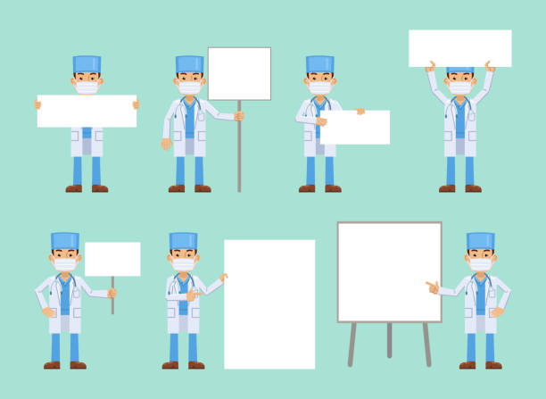 ilustrações de stock, clip art, desenhos animados e ícones de set of doctor characters posing with different blank banners. cheerful doctor with paper, poster, placard, pointing to whiteboard, teach, advertise, promote - aluno dentista