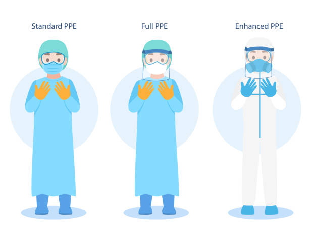 Set of Doctors Character wearing in PPE personal protective suit Clothing isolated and Safety Equipment Set of Doctors Character wearing in PPE personal protective suit Clothing isolated and Safety Equipment for prevent Corona virus, people wearing Personal Protective Equipment.Work safety protective workwear stock illustrations