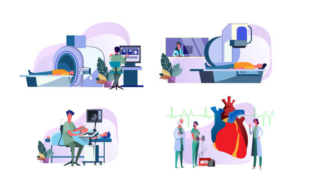 ilustrações de stock, clip art, desenhos animados e ícones de set of doctors operating medical equipment examining patients - médico a examinar paciente