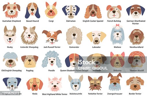 istock Set of dog faces of various breeds. Vector illustration. 1391829372
