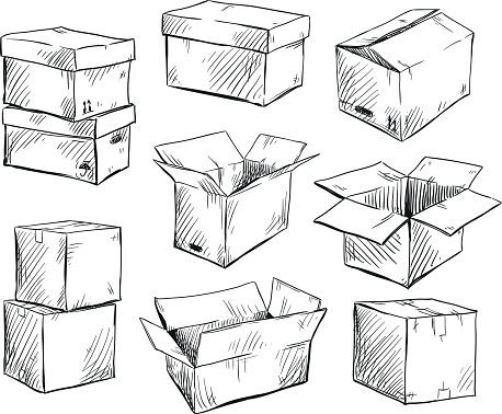 set of doodle cardboard boxes. Vector illustration.